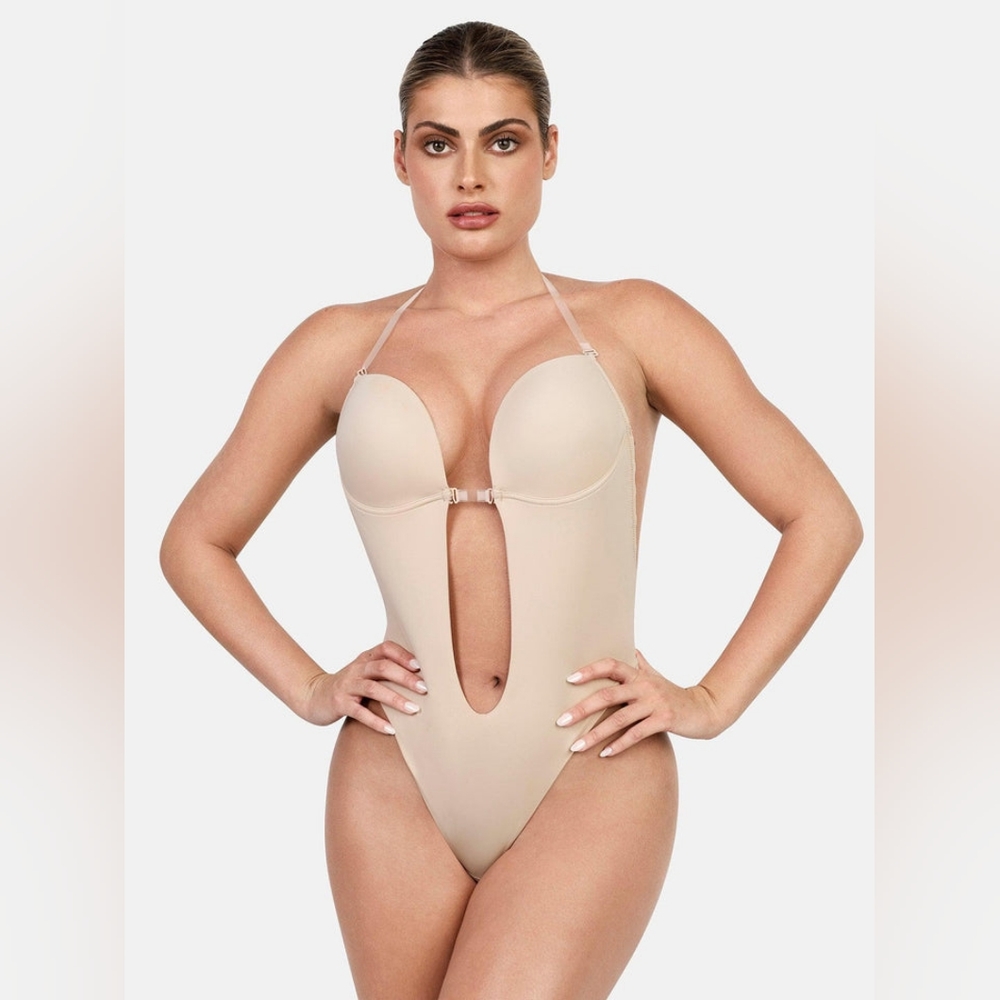 Popilush Strapless U Plunge Thong Bodysuit Backless Bra